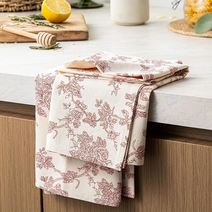 100% Cotton French Pastoral Kitchen Towels Set of 2, Decorative Flour Sack Tea Towels with Hanging Loop 18x25 Inch Absorbent Dish Cloths Farmhouse Home Decor, Red