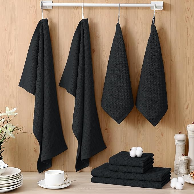 Homaxy 100% Cotton Kitchen Towels and Dishcloths Set, 12 x 12 & 15 x 25 Inches, Set of 8 Bulk Terry Cloth Dish Towels, Super Soft and Absorbent Hand Towel with Hanging Loop, Black