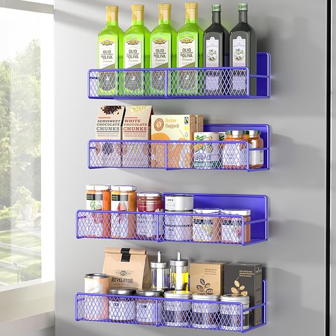 DTUQYX Magnetic Spice Rack for Refrigerator, 4 Pack 100% Metal Strong Magnet Fridge Shelves, Space Saving Spice Organizer, No Drilling Home Kitchen Laundry Room Storage Organization, Purple Blue