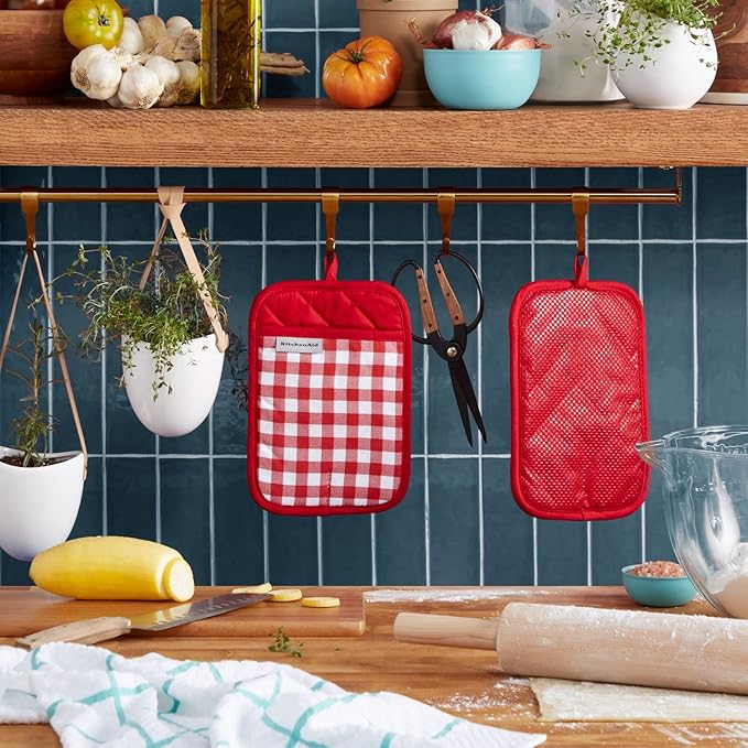 KitchenAid Gingham Pot Holder 2-Pack Set, Passion Red, 7"x10"