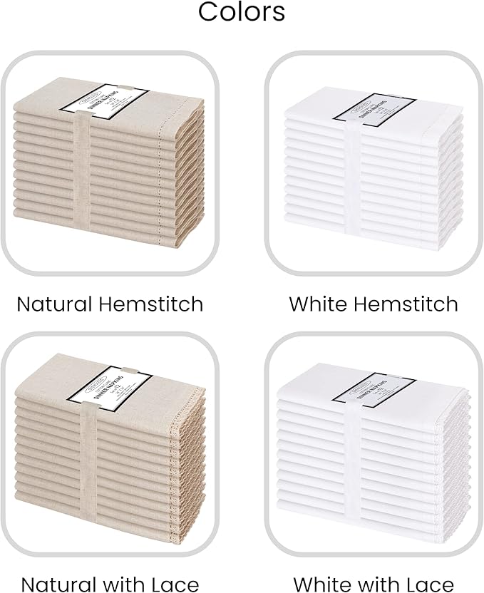 Cotton Clinic 12 Pack Hemstitch Cloth Dinner Napkins Oversized 20x20, Linen Cotton Fabric Tailored with Mitered Corner - Cocktail Napkins, Wedding Dinner Napkins Natural