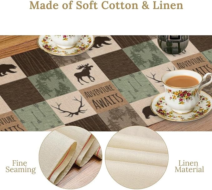 Bear Deer Table Runner, Vintage Rustic Farmhouse Hunting Cabin Art Printed Runner for Home Kitchen Dining Table Living Room Decor Fabric 1 Panel W13xL60in