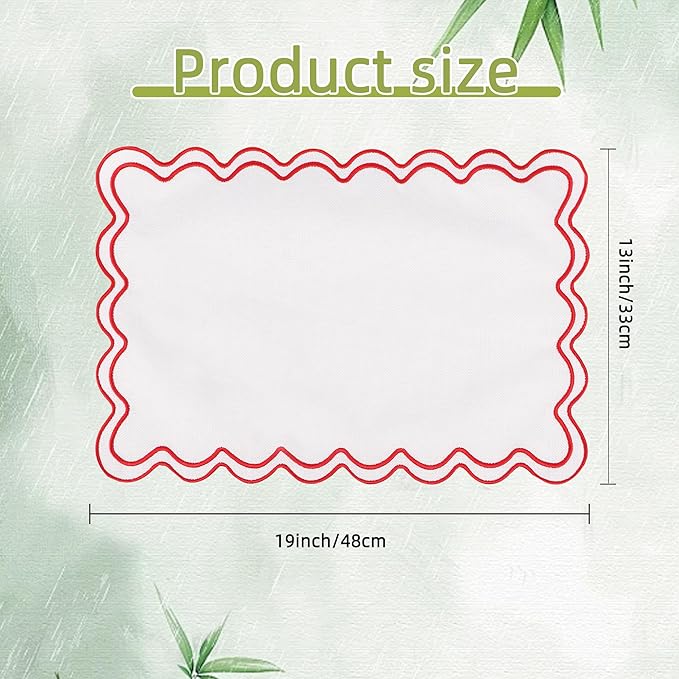 Set of 6 Cotton Linen Placemats, 13''x 19'' Wavy Embroidery Scalloped Placemats Washable Rustic Dinner Waterproof Table Mats (red)