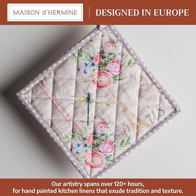 Maison d' Hermine Pot Holders 100% Cotton Heat Resistant Potholders 8" x 8" Hot Pads with Loop BBQ Cooking Baking Gifts for Mothers Day Handling Hot Pans Spring/Summer (Pack of 1, Champ De Mars)