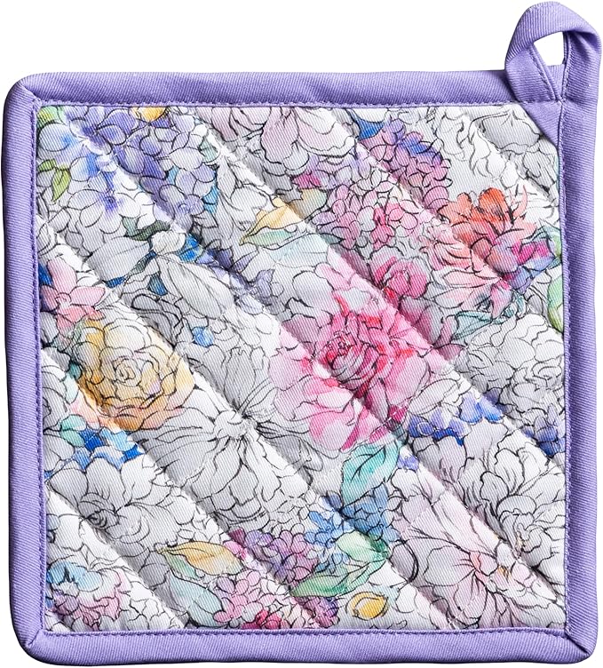 Maison d' Hermine Pot Holders 100% Cotton Heat Resistant Potholders 8" x 8" Hot Pads with Loop BBQ Cooking Baking Gifts for Mothers Day Handling Hot Pans Spring/Summer (Pack of 1, Floral Love)