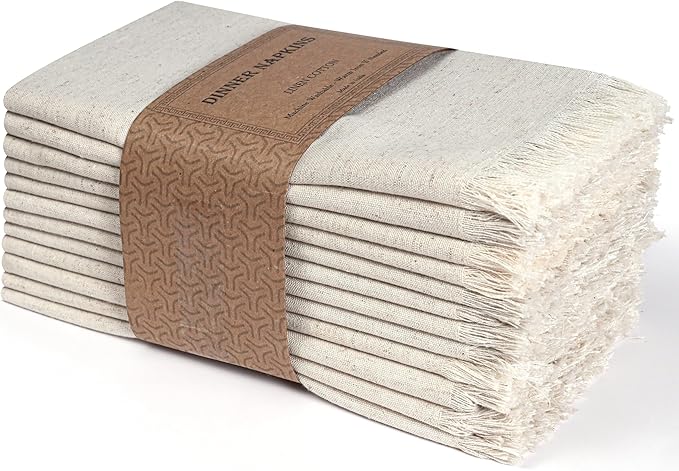 Bedding Craft Linen Cloth Dinner Napkins Set of 12 – 18x18 Natural with Fringed Corners – Machine Washable Fabric Napkins for Weddings, Baby Showers, Parties & Dining