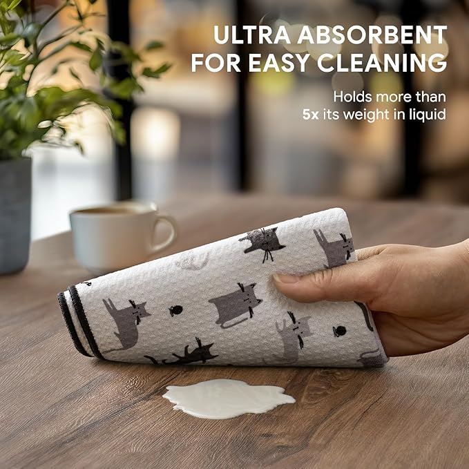 RECYCO Waffle Kitchen Towel Set of 2 - Quick Dry Microfiber Sustainable Dish Towels - Absorbent Reusable Cleaning Tea Towels - Lightweight Hand Towels,16”x 28”, Shadow Meow