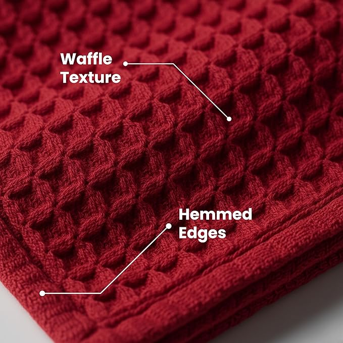 WHITEWRAP Premium Cotton Classic Waffle Weave Kitchen Dish Cloths, 12x12 Inch Ultra Absorbent Lint-Free Dish Towels, Fast Drying Dishcloths for Washing Dishes, 6 Pack, Red