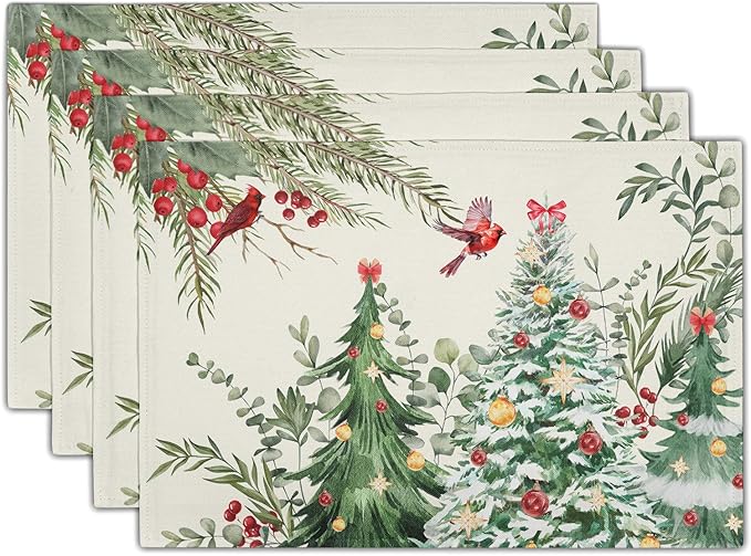 Christmas Placemats for Dining Table Set of 4, Watercolor Xmas Tree Red Bird Washable Non-Slip Heat Resistant Line Fabric Place Mats Winter Table Mats 12x18 Inch for Holiday Decor Party