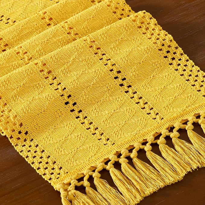 DeZerlor Boho Macrame Table Runner Spring Easter Farmhouse Woven Table Runner with Tassels 108 Inches Gold Yellow Cotton Linen Kitchen Table Decor for Dining Dresser Home Tea Table Decor
