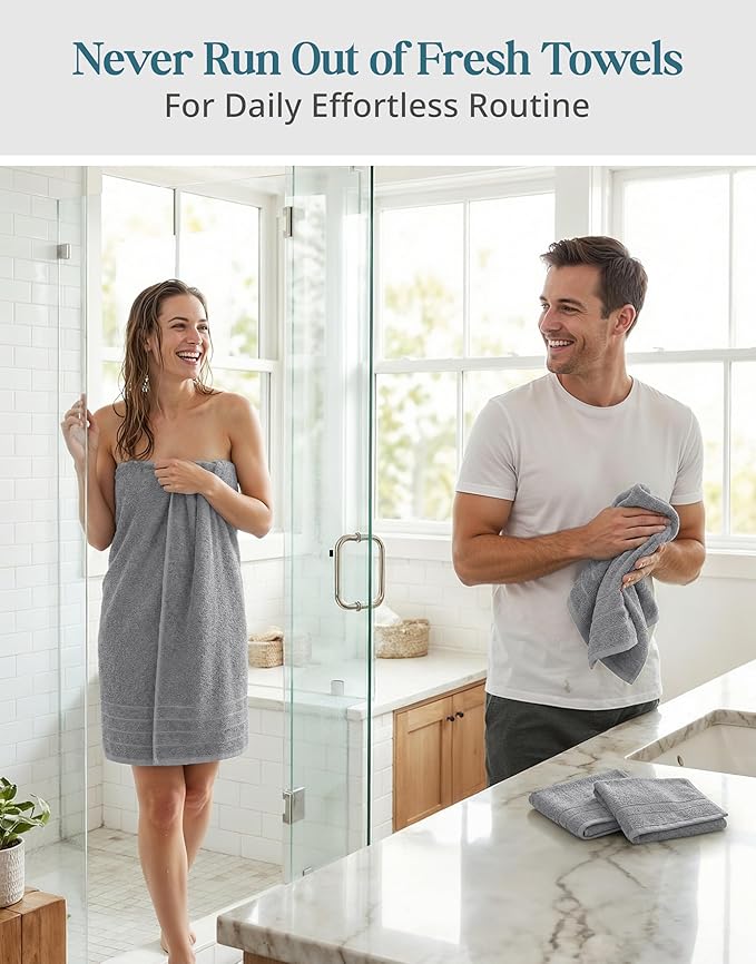 Casa Platino Premium Cotton Bath Towel Set 8 Pcs - Super Soft, Durable & Highly Absorbent - 2 Bath, 4 Washcloths, 2 Hand Towels for Bathroom - Oeko TEX Certified, Ringspun Tech & Hotel Quality - Grey