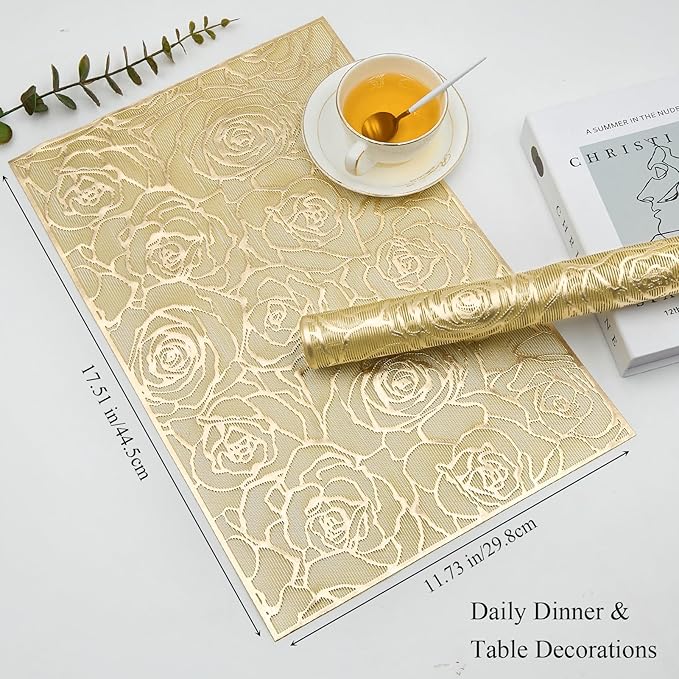 Gold Placemats Set of 6 Rectangle Pressed Vinyl Metallic Flower Place Mats Hollow-Out Rose Heat Resistant Waterproof Oil-Proof Table Mats Decorative for Kitchen Table Holiday Wedding Party Decor