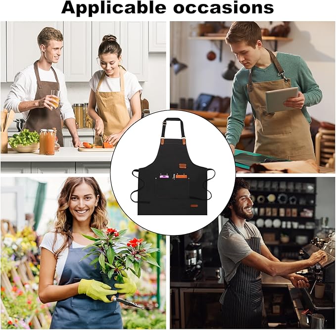 Chef Aprons for Women Men with Pockets(Functional and Large), Oil-Repellent & Water-Resistant Heavy-Duty Black Canvas with Adjustable Straps, Full-Coverage Protection for Cooking, Kitchen