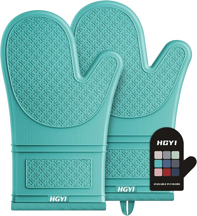 Silicone Oven Mitts, Heat Resistant Oven Gloves with Quilted Liner, Waterproof & Non-Slip Kitchen Mittens for Baking Cooking BBQ, 500°F, 12.5"-Aqua Sky