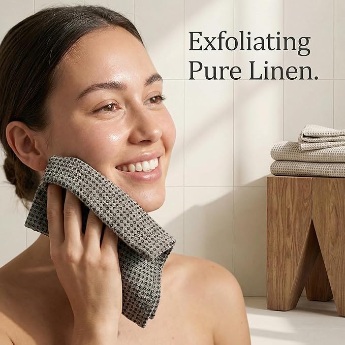 100% Flax Linen Washcloths - 4-Pack 10x10-inch Reusable Waffle Washcloths - Make up Removers Face Cloth - Black-Natural Waffle Weave Wash Cloths - Small Face Towels for Women