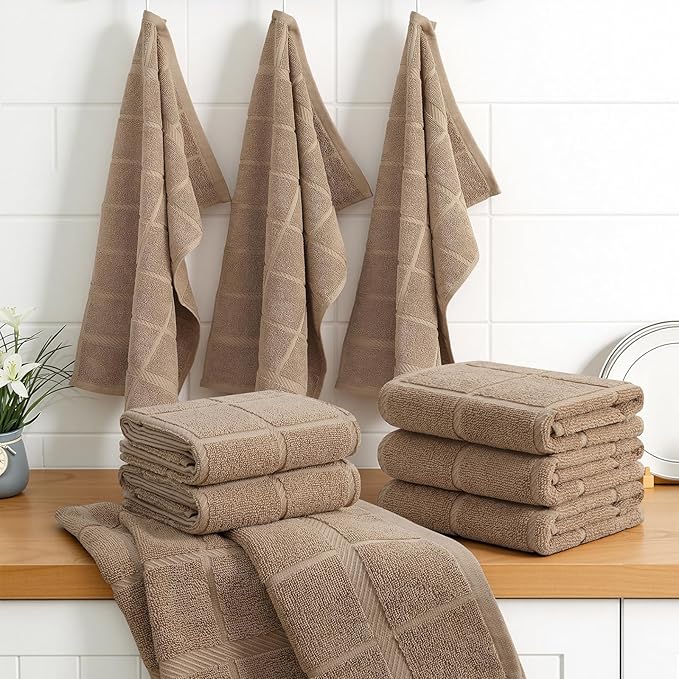 Homaxy Premium Kitchen Towels 18"x28", 6 Pack Large Cotton 380 GSM Dish Towels, Soft and Absorbent Kitchen Hand Towels with Terry Grid Design, Utility Tea Towel Set with Hanging Loop, Khaki