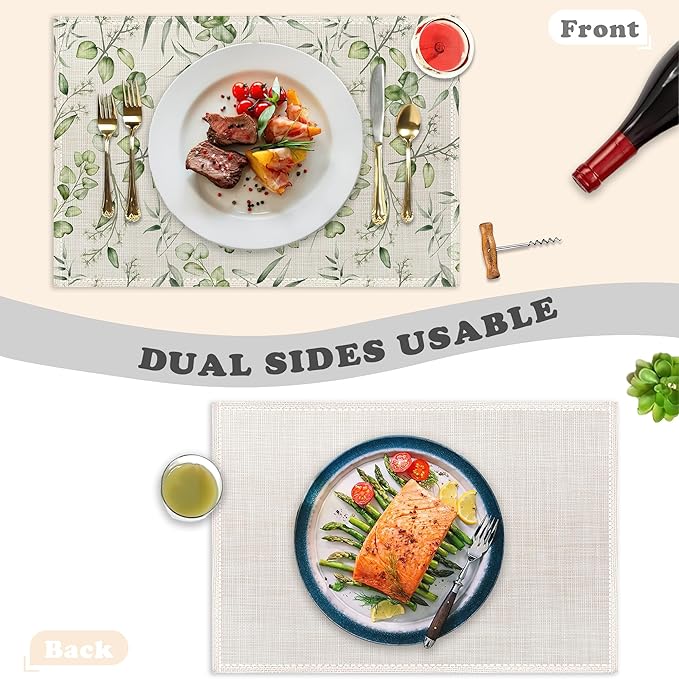 Eucalyptus Leaves Placemats Set of 6 Linen Heat Resistant,Elegant Flower Table Mats Washable Rustic Place Mats Decoration for Home Kitchen Dining Room Party 12x18 Inch