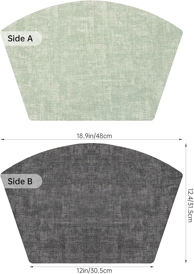 Round Table Placemats Set of 4, Dual-Sided Wedge Shape Faux Leather Table Mats, Washable Wipeable Heat Resistant Place Mats for Outdoor Indoor, Green Gray