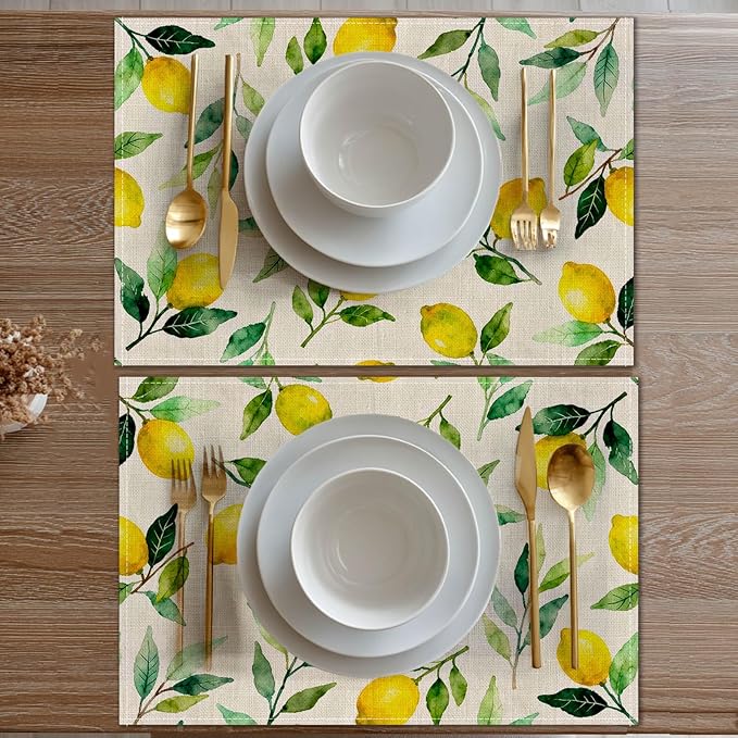 HOMETITUTE Linen Placemats Set of 4 12x18 inch Spring Table Mats for Dining Table Lemon Pattern Farmhouse Decorations Kitchen Decor Desk Mat for Outdoor Home Party Kitchen Seasonal Dining Decor