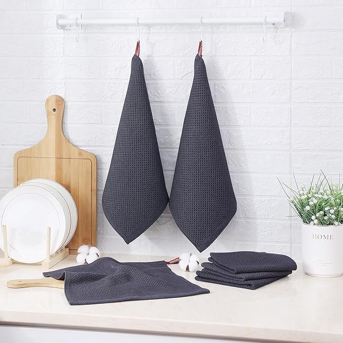 100% Cotton Waffle Weave Kitchen Towels, 8 Pack Dish Cloths for Washing Dishes, Ultra Soft Absorbent Dish Towels, Quick Drying Kitchen Rags, 12x12 Inches, Dark Grey