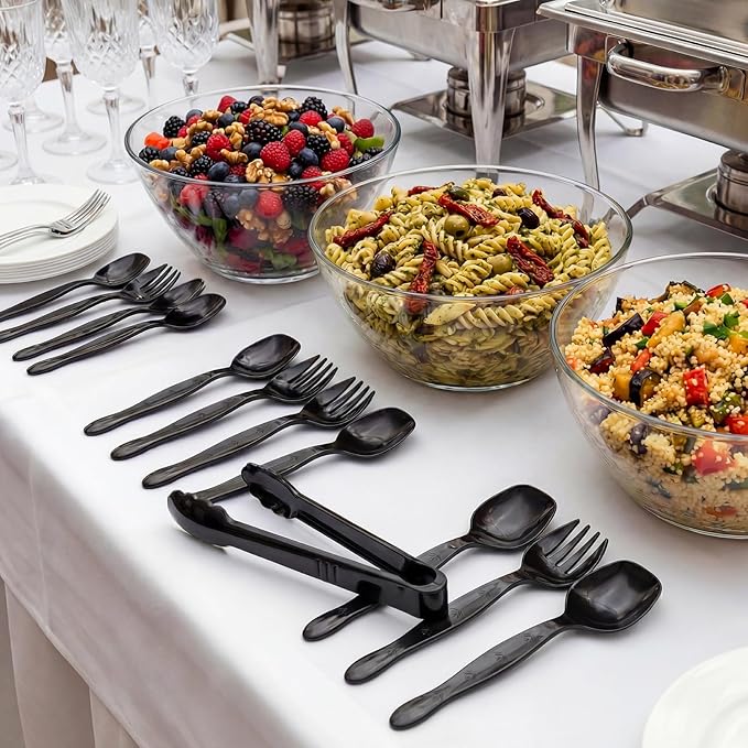 36 Pcs Disposable Serving Utensils Set - 9 Inch Black Tongs, Forks, Spoons for Restaurants, Catering, Party Supplies, Buffet, Wedding, Picnic