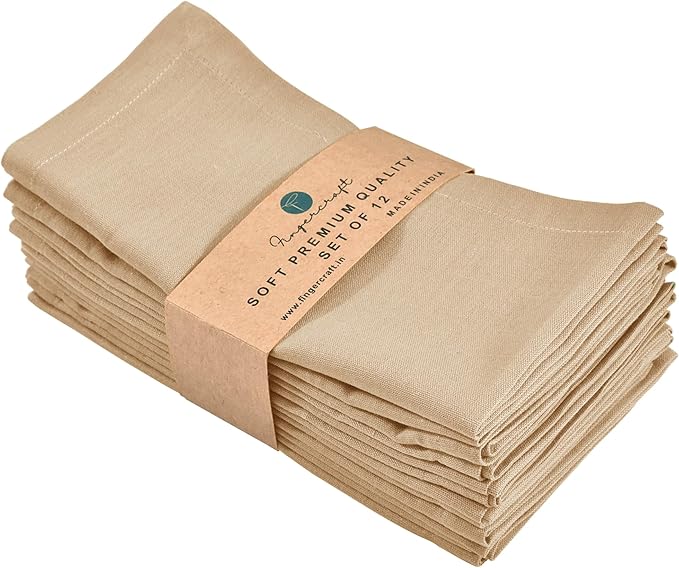 FINGERCRAFT Dinner Cloth Napkins, Cotton Linen Blend Mitered Corner Napkins Cloth 12 Pack Natural Premium Quality for Every Day Use, Parties, Easter, Thanksgiving, Weddings, 18x18 inch Beige