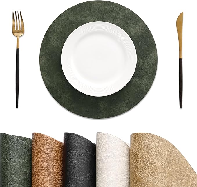 MOSAYT 13 Inch Round Vinyl Placemats Set of 4 - Faux Leather 100% Waterproof Oil-Proof Wipeable PU Place Mats, Heat Resistant Reversible Table Mats for Kitchen, Dining, Outdoor (Olive Green)