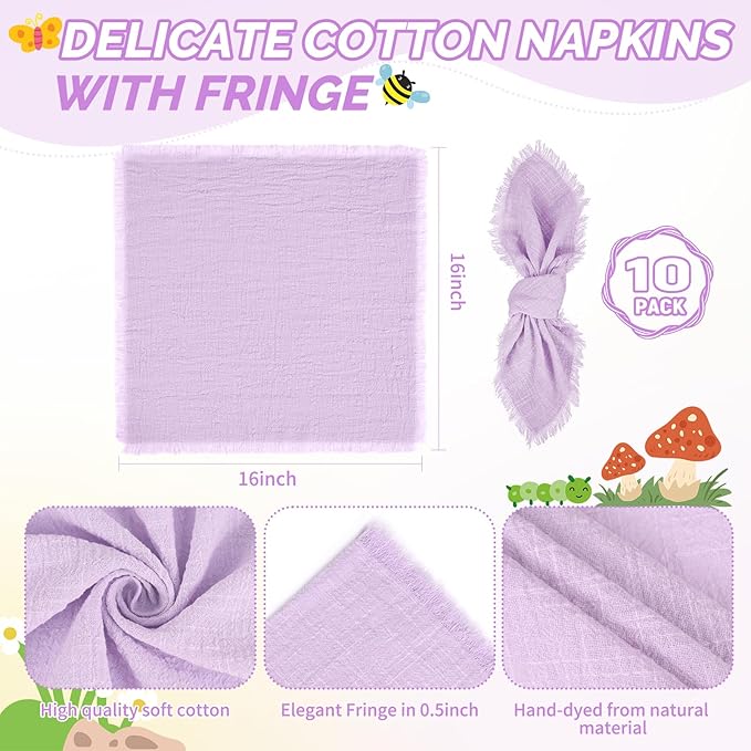 Showgeous 10 Pack Lavender Cloth Napkins with Fringe 16x16 inch 100% Cotton Purple Napkins Handmade Dinner Napkins Bulk Washable Soft Rustic Table Napkins for Wedding Parties Bridal Baby Shower