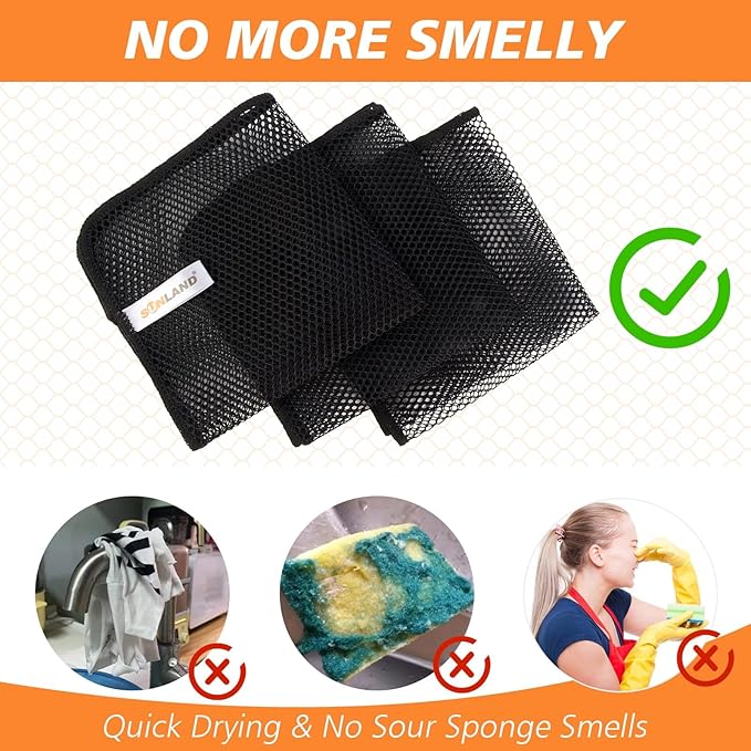 SUNLAND Mesh Dish Cloths for Washing Dishes No Odor Dishes Scrubber for Kitchen-Fast Drying and Easy to Clean Mesh Dish Cloth 12 Pack 12Inch x12Inch Black