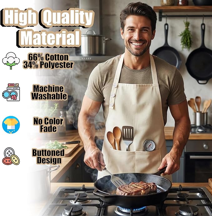 TOSHE Kitchen Apron Waterdrop Resistant Cotton Apron with adjustable Aprons for Women with Pockets 10 Color option Cooking Cream Apron (Cream)