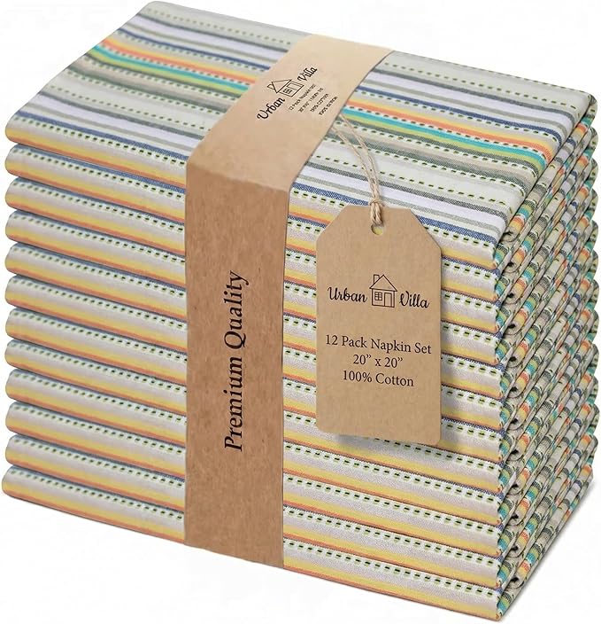 Urban Villa Cloth Napkins Set of 12 20x20 Inches 100% Cotton Napkins Cloth Washable Durable Reusable Absorbent Table Dinner Napkins Cloth for Hotel Lunch Restaurant Weddings Parties – Beige Stripes