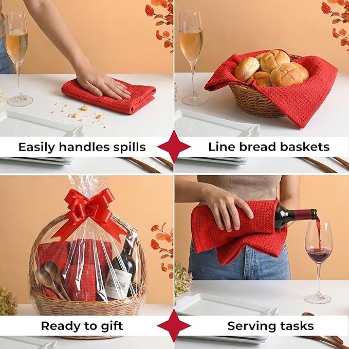 Highly Absorbent Cotton Dish Towels for Drying - Set of 6 Red Kitchen Towels - 18"X28" Lint Free Waffle Weave Cloth Linen Hand Bathroom Bulk Dishtowels