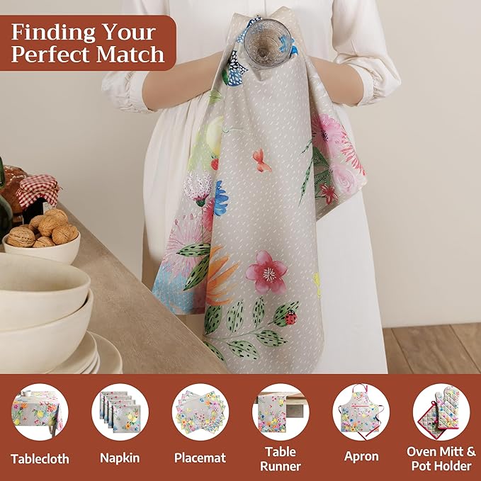 Maison d' Hermine Kitchen Towels Set of 3 100% Cotton 27.50" x 20" Reusable Cloth Tea Dish Towels Absorbent with Hanging Loop for Kitchen Gifts for Mothers Day Spring/Summer (Jardin D'Ete - Fog)