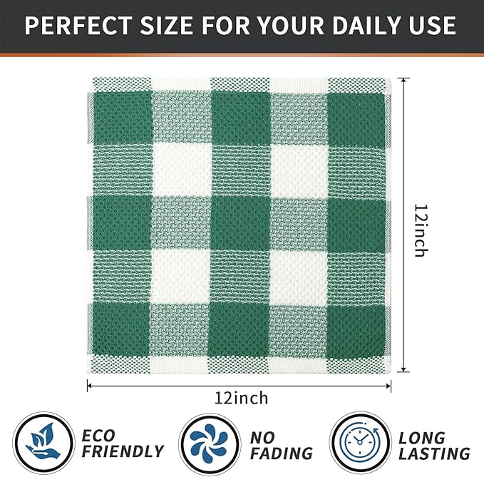 Mordimy 100% Cotton Waffle Weave Plaid Dish Cloths, 12 x 12 Inches, Super Soft and Absorbent Quick Drying Buffalo Check Dish Rags for Kitchen, 6-Pack, Dark Green & White