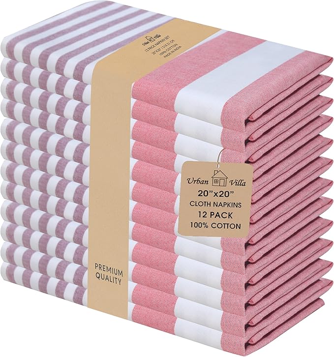 Urban Villa Christmas Dinner Napkins Horizontal Stripes Cloth Napkins Set of 12 Garnet/Red Color Dinner Napkins 20x20 Inches 100% Cotton Over Sized Cloth Napkins with Mitered Corners DinnerNapkins