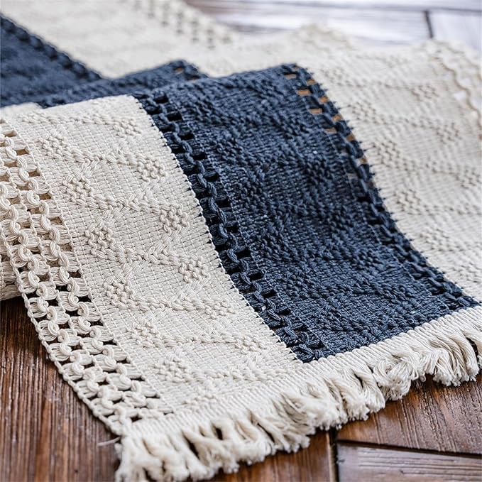 Alynsehom Macrame Table Runner Cream Beige and Blue Boho Table Runners with Tassels Hand Woven Cotton Table Runner Rustic Farmhouse Table Runners for Bohemian Kitchen Dining Table(12x60in)