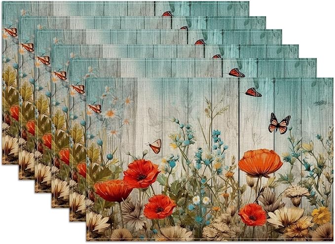 Poppy Butterfly Wood Grain Placemats Set of 6, Vintage Flower Washable Linen Place Mat Heat Resistant Non Slip Kitchen Dining Table Mats 12x18 Inch