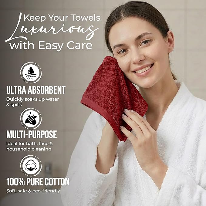 RIVERSIDE Pack of 24 Wash Cloths for Showering, 12 x 12 Inches, Super Soft & Absorbent, 100% Cotton Washcloths Premium Quality Flannel Face Cloths for Bathroom, Gym, Spa (Classic Red, 24 Pack)