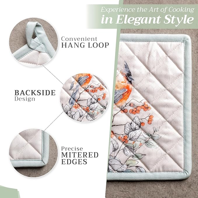 Maison d' Hermine Pot Holders Set 100% Cotton Heat Resistant Potholders 8" x 8" Hot Pads with Loop for Thanksgiving Christmas Decorations Baking Handling Hot Pans (Pack of 2, Whitish Shabby Chique)