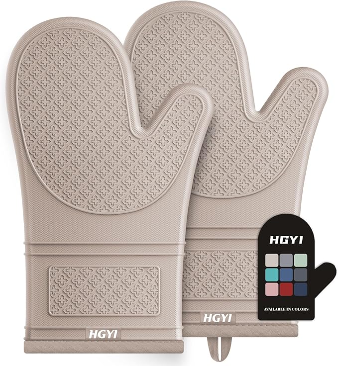Silicone Oven Mitts, Heat Resistant Oven Gloves with Quilted Liner, Waterproof & Non-Slip Kitchen Mittens for Baking Cooking BBQ, 500°F, 12.5"-Milkshake Beige