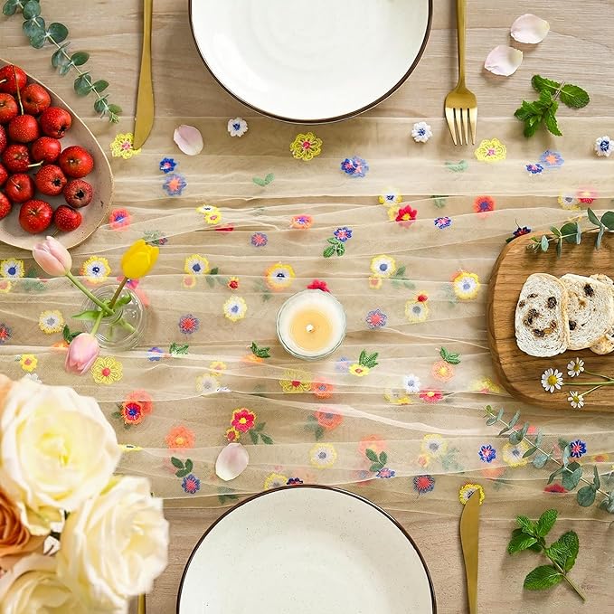 Artoid Mode Champagne Embroidery Daisy Gauze Table Runner 120 Inch 10FT, Seasonal Sheer Kitchen Dining Holiday Wedding Birthday Table Decor for Home Party