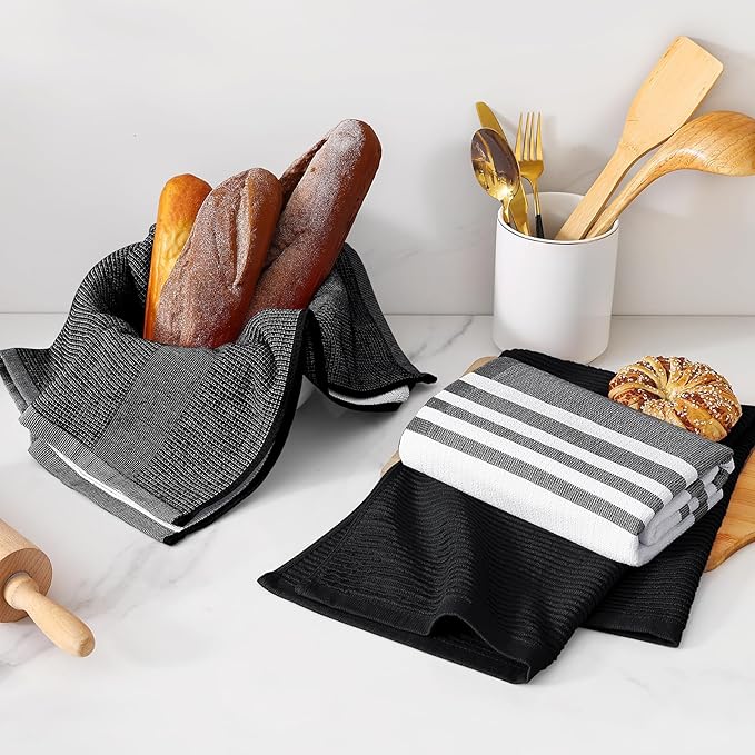 Homaxy Premium Kitchen Towels(18”x 28”, 9 Pack), Large Cotton 380 GSM Kitchen Hand Towels, Soft and Absorbent Terry Dish Towels, Multipurpose Tea Towel Set with Hanging Loop, Black
