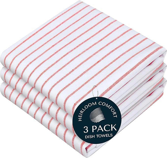 Red Stripe Cotton Kitchen Towels Set of 3, Durable & Super Absorbent Dishcloths Pack, Classic Stripe Towel Set, Quick Dry Towels for Daily Kitchen Use, Wiping & Drying Dishes