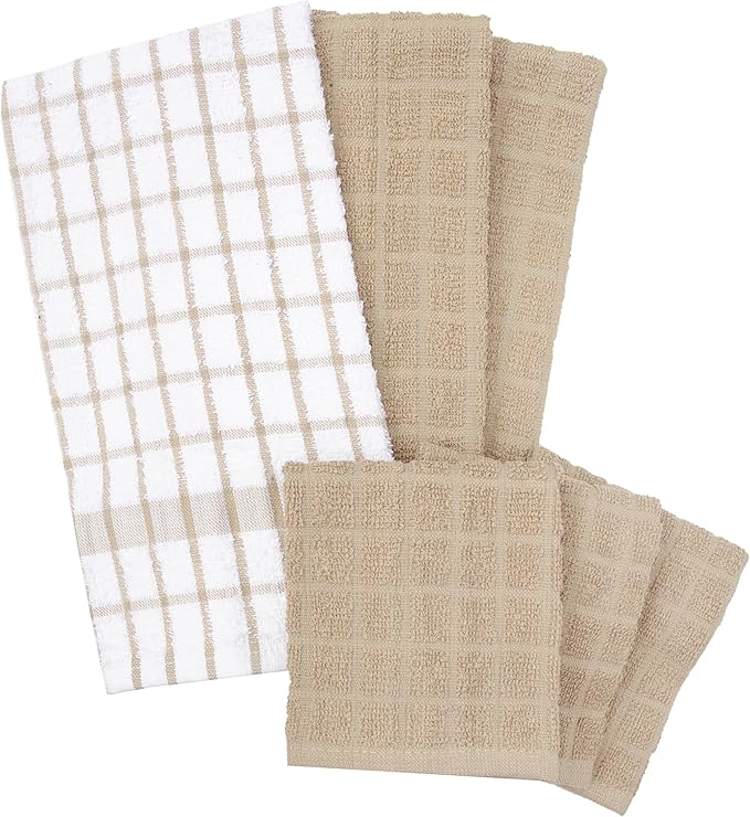 Ritz Premium Kitchen Towel and Dish Cloth Value Set: Highly Absorbent, Super Soft, Long-Lasting, 100% Cotton Checked and Solid Hand Towels, Tea Towels, Bar Towels - 6 Pack, Putty