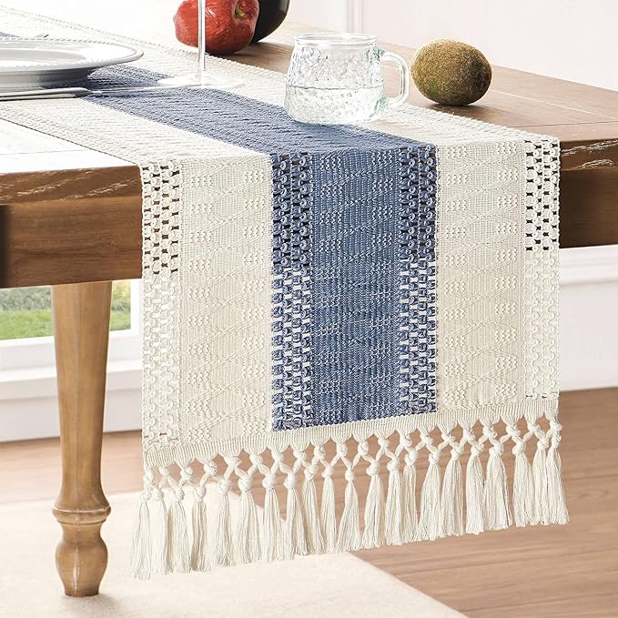 ZeeMart Macrame Style Bicolor Stitching Table Runner, 14 x 90 Inch Blue/Ivory, Boho Blue Table Runners 90 Inches Long, Farmhouse Woven Home Decor
