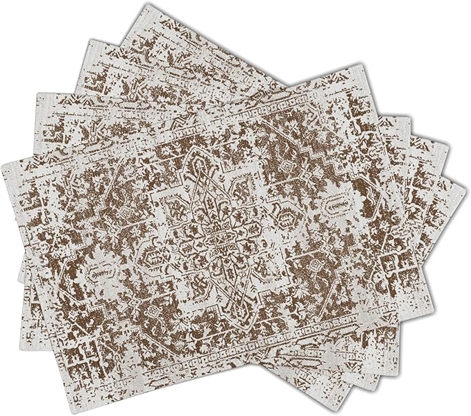 aportt Gray Brown Boho Placemats Set of 4 Ethnic Bohemian Carpet Place Mats Washable Kitchen Dining Vintage Grey Geography Floral Linen Table Mats Stain Heat-Resistant for Home Party Indoor 12x18 in