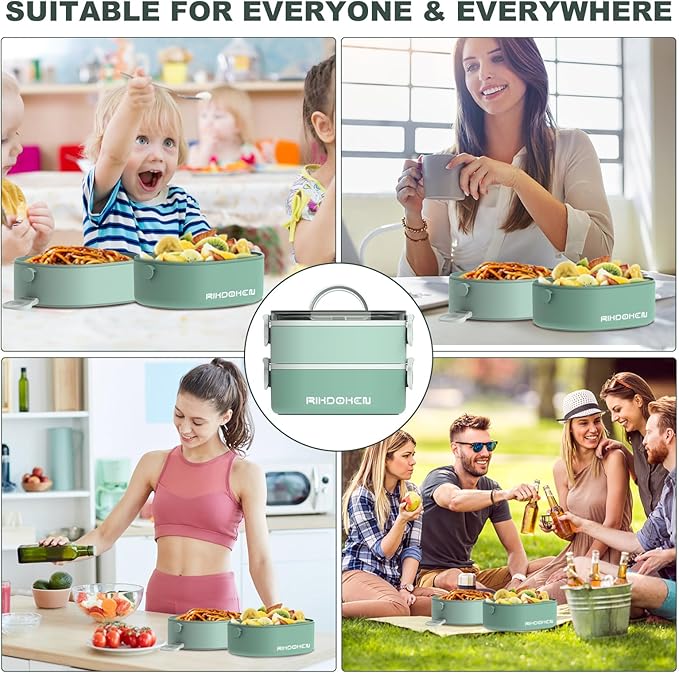 RIKDOKEN Lunch Box, Stackable 2 Layers Containers, Portable 64OZ Large Capacity Leakproof Bento Box with Spoon & Fork & Sauce Boxes, Microwave Safe Lunch Box for Kids and Adults