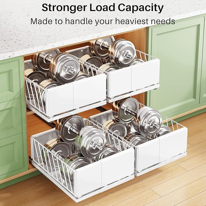 Pull out Cabinet Organizer, 2-Pack Expandable Width(9.8"-13.8") Heavy Duty Slide out Drawers with Raising Pad for Framed Cabinets, Adhesive Roll Out Shelves for Pantry, Kitchen,Bathroom Storage(White)
