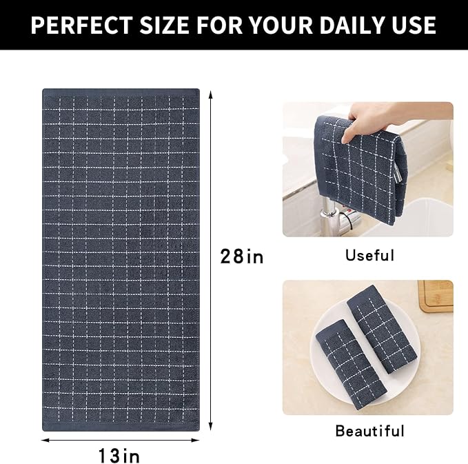 Homaxy 100% Cotton Terry Kitchen Towels(Dark Grey, 13 x 28 inches), Checkered Designed, Soft and Super Absorbent Dish Towels, 18 Pack