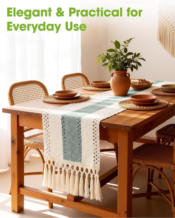 Pureegg Farmhouse Boho Table Runner - 72 Inches, Linen-Textured Woven Tassel Design for Dining Table Decor, Kitchen, Coffee Table & Living Room, 12 x 72 Inch, Sage Green